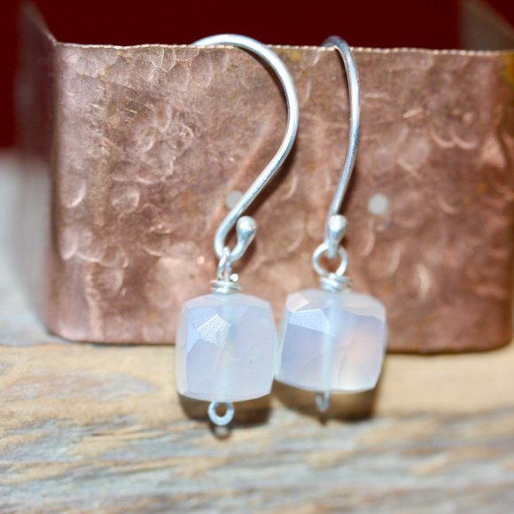 Tiny Silver Earring - Small Square Gem Earrings - White Chalcedony Earrings - - Picture 4 of 9